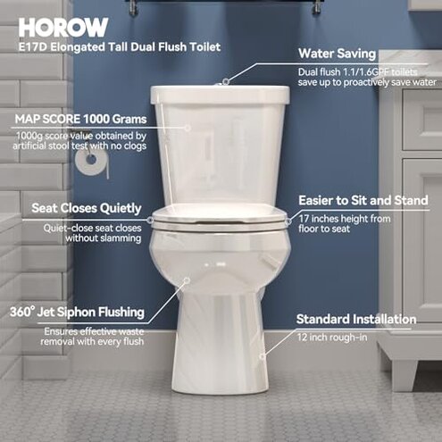 HOROW 17 Inch Tall Toilet, Two-Piece Elongated Toilet with ADA Comfort Chair Height Seat, Powerful 1.1/1.6 GPF Dual Flush, 12" Rough In High Bowl for Seniors, White