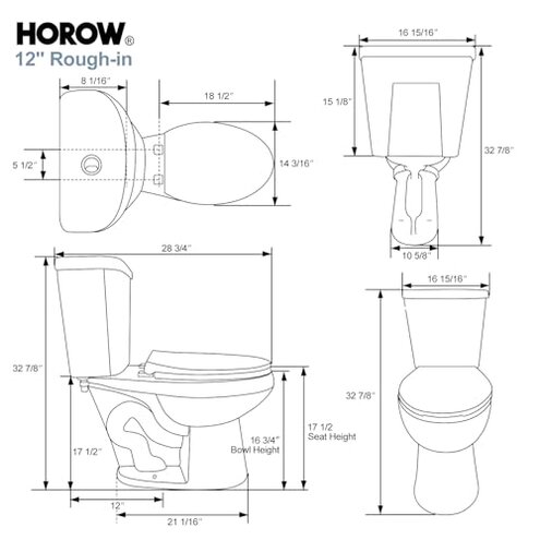 HOROW 17 Inch Tall Toilet, Two-Piece Elongated Toilet with ADA Comfort Chair Height Seat, Powerful 1.1/1.6 GPF Dual Flush, 12" Rough In High Bowl for Seniors, White