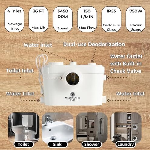 750W Macerating Toilet System with 4-Inlet, Durable Pump, Extension Pipe - Easy Install, Space Saving