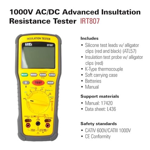UEi IRT807 Insulation Resistance Tester 1000V AC/DC, Advanced Megohmmeter Measures Insulation Resistance Up to 2G&Omega;, Voltage Testing Up to 1000V