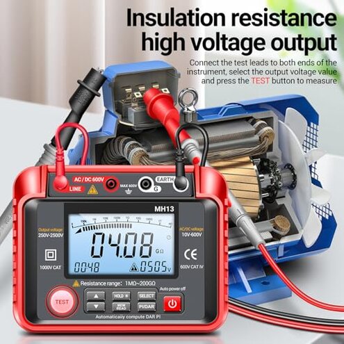 MH13 250V-2500V Digital Insulation Resistance Tester 1MΩ-200GΩ Megger Megohm Testing Meter Auto Range 2000 Counts LCD Display 10V~600V AC/DC Voltmeter with 100 Data Storage