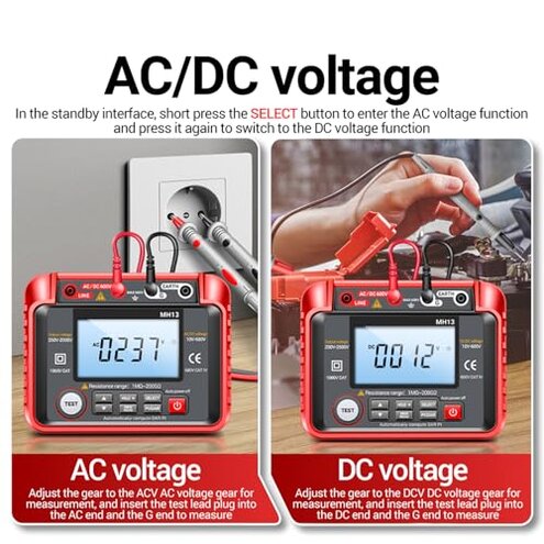 MH13 250V-2500V Digital Insulation Resistance Tester 1MΩ-200GΩ Megger Megohm Testing Meter Auto Range 2000 Counts LCD Display 10V~600V AC/DC Voltmeter with 100 Data Storage