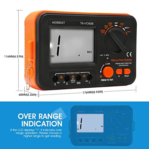AIOMEST Digital Megohmmeter Megaohm Meter with 250V/500V/1000V Test Voltage Testing Insulation Resistance IR 0.1M&Omega;~2G&Omega;, Measure AC DC Volt Ohm, Continuity Tester, Megaohmeter w/Over-Range Indicator