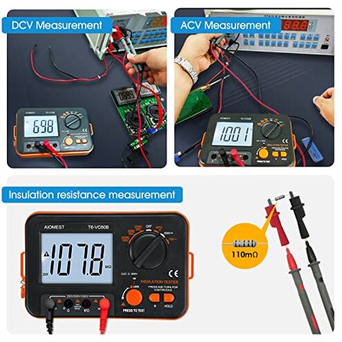 AIOMEST Digital Megohmmeter Megaohm Meter with 250V/500V/1000V Test Voltage Testing Insulation Resistance IR 0.1M&Omega;~2G&Omega;, Measure AC DC Volt Ohm, Continuity Tester, Megaohmeter w/Over-Range Indicator