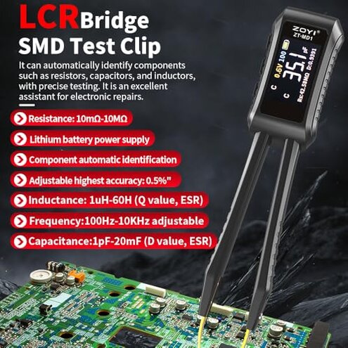 LCR Meter, ZOYI 10KHz LCR Meter Tweezer with 0.5% Accuracy, Digital Multimeter Tester with OLED Display, Tester for SMD, ESR, Resistor, Capacitor, Inductance, Voltage, Frequency, Diode