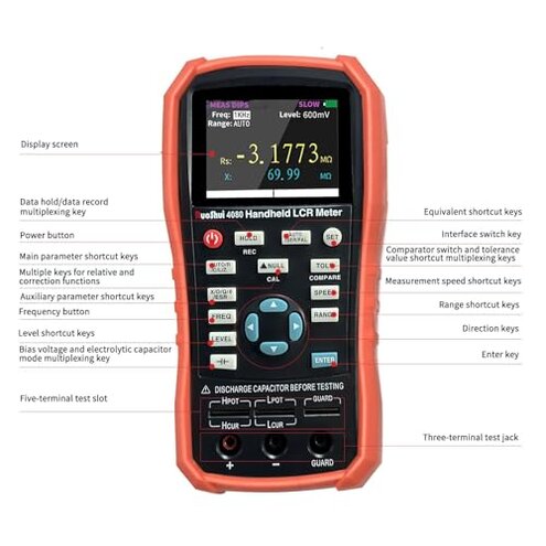RuoShui Handheld LCR Meter 100Hz-100KHz, 0.2% Accuracy, Digital Bridge Multimeter for Capacitance, Inductance, Resistance Testing, with ESR Calibration Ideal for Engineers and Technicians (4080)