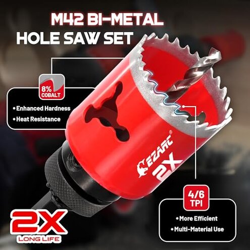 EZARC Hole Saw Kit, 16Pcs Bi-Metal Hole Saw Set with 3/4"-2-1/2"(19-64mm), Mandrels, Drill Bits, Installation Plate, Hex Key with Storage Case, Ideal for Wood, Metal, Plywood, PVC Board