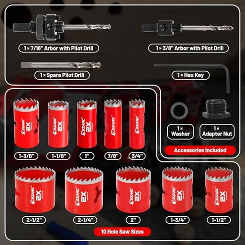 EZARC Hole Saw Kit, 16Pcs Bi-Metal Hole Saw Set with 3/4"-2-1/2"(19-64mm), Mandrels, Drill Bits, Installation Plate, Hex Key with Storage Case, Ideal for Wood, Metal, Plywood, PVC Board