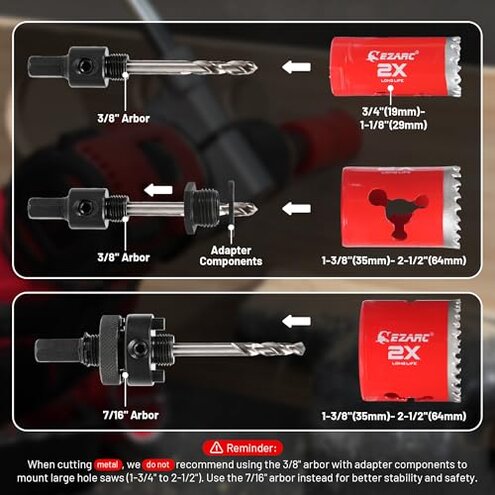 EZARC Hole Saw Kit, 16Pcs Bi-Metal Hole Saw Set with 3/4"-2-1/2"(19-64mm), Mandrels, Drill Bits, Installation Plate, Hex Key with Storage Case, Ideal for Wood, Metal, Plywood, PVC Board