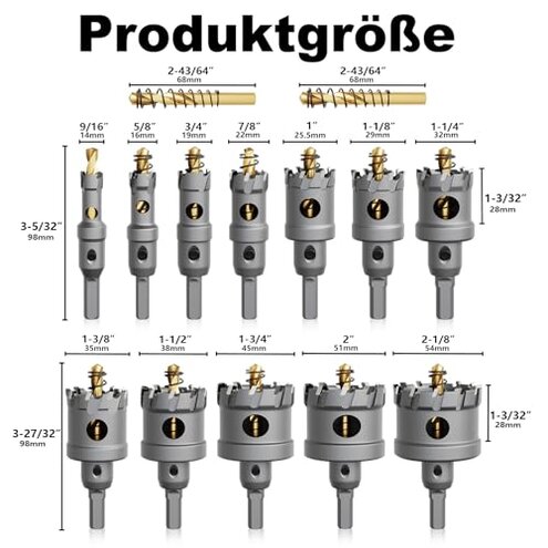 GSTK Upgrade Heavy Duty Carbide Hole Saw 14 Pcs,Metal Steel Hole Saw Drill Bit,TCT Hole Cutter,Alloy Hardness Upgrade, with 2*Extra Titanium Plated Pilot Center Drill and 2*L-Wrench