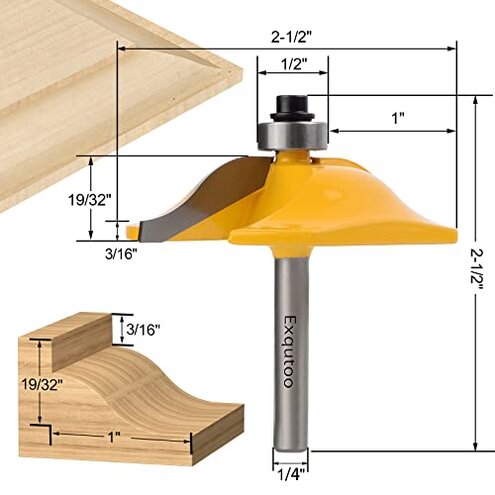 Exqutoo 3PCS 1/4" Shank Router Bit Set, Raised Panel Cabinet Door Making Router Bits, Cemented Carbide Router Bits, Woodworking Tools Router Door & Window Bits (Tenon Joint Cutter Diameter: 1-5/8")
