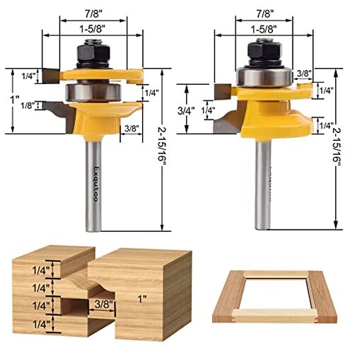 Exqutoo 3PCS 1/4" Shank Router Bit Set, Raised Panel Cabinet Door Making Router Bits, Cemented Carbide Router Bits, Woodworking Tools Router Door & Window Bits (Tenon Joint Cutter Diameter: 1-5/8")