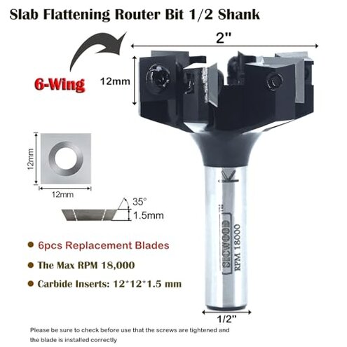 Slab Flattening Router Bit 1/2 Shank, 6-Wing, 2" Cutting Dia, Insert Carbide CNC Spoilboard Surfacing Router Bit, Wood Planer Planing Bit for Flycutter/ Slab Leveler/ Rabbeting by SICWOOD