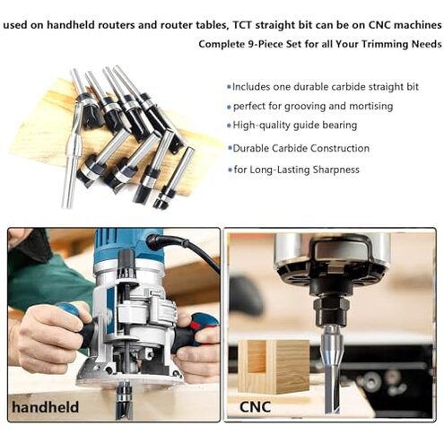 SICWOOD 9pcs Pattern Flush Trim Router Bit 1/4 Shank, Carbide Tipped Top Bearing Template Pattern Router Bit, Straight Flush Cut Router Bit, for Wood Trimming
