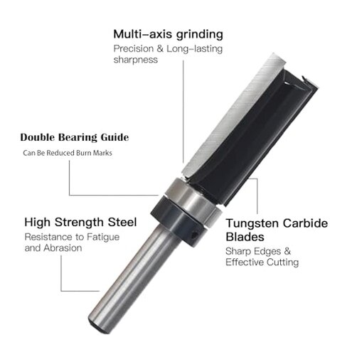 SICWOOD 9pcs Pattern Flush Trim Router Bit 1/4 Shank, Carbide Tipped Top Bearing Template Pattern Router Bit, Straight Flush Cut Router Bit, for Wood Trimming
