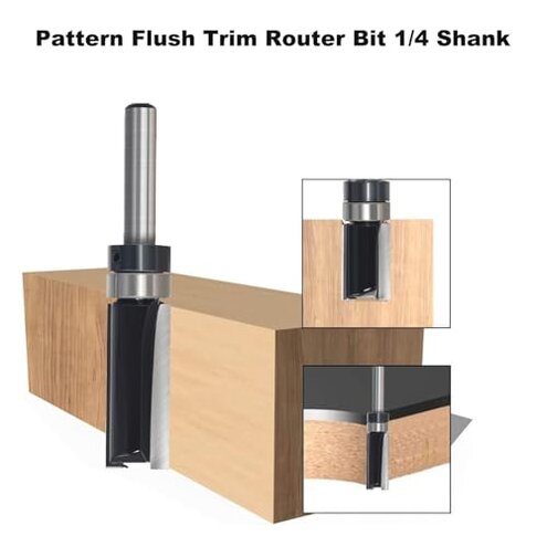 SICWOOD 9pcs Pattern Flush Trim Router Bit 1/4 Shank, Carbide Tipped Top Bearing Template Pattern Router Bit, Straight Flush Cut Router Bit, for Wood Trimming