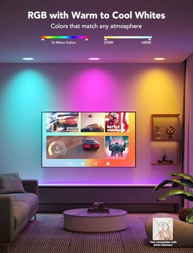 Govee Smart Recessed Lighting 6 Inch, Wi-Fi Bluetooth Direct Connect RGBWW LED Downlight, 65 Scene Mode, Canless Recessed Light Work with Alexa & Google Assistant with Junction Box, 1100 Lumen, 4 Pack