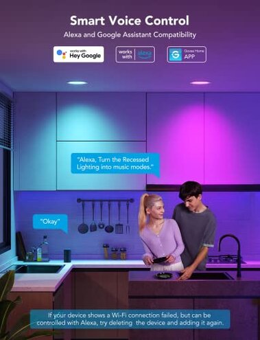 Govee Smart Recessed Lighting 6 Inch, Wi-Fi Bluetooth Direct Connect RGBWW LED Downlight, 65 Scene Mode, Canless Recessed Light Work with Alexa & Google Assistant with Junction Box, 1100 Lumen, 4 Pack