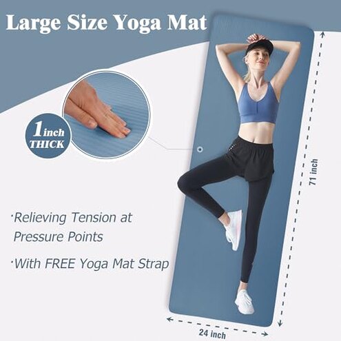 Yoga Mat 1-Inch Extra Thick High-Density Exercise Mat with Non-Slip Surface & Carry Strap for Men & Women Tear-Resistant Pilates Workout Mat for Home Gym, Floor Fitness, Navy Blue