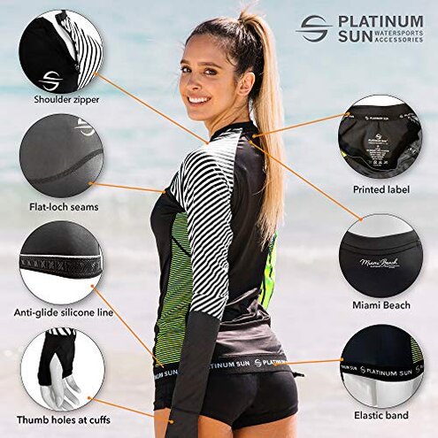 Platinum Sun Long Sleeve Rash Guard for Women (Green Stripes, M)