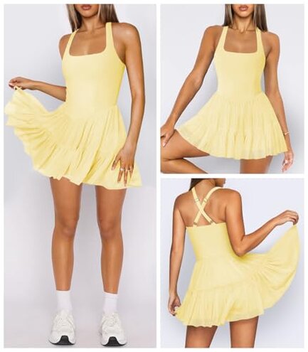 Hragc Women's Tennis Flowy Pleated Ruffle Athletic Yellow Dress for Women Halter Neck Sleeveless Small Summer Mini Golf Dress with Shorts Pocket