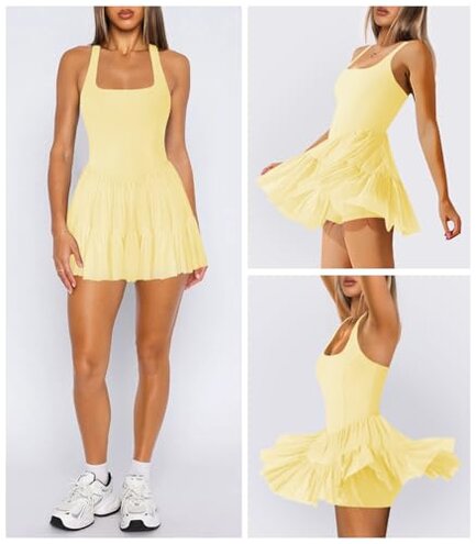 Hragc Women's Tennis Flowy Pleated Ruffle Athletic Yellow Dress for Women Halter Neck Sleeveless Small Summer Mini Golf Dress with Shorts Pocket