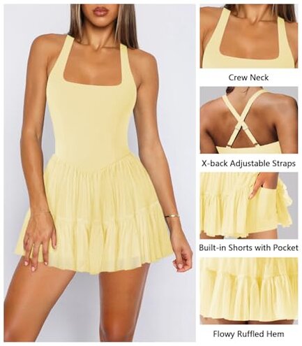 Hragc Women's Tennis Flowy Pleated Ruffle Athletic Yellow Dress for Women Halter Neck Sleeveless Small Summer Mini Golf Dress with Shorts Pocket