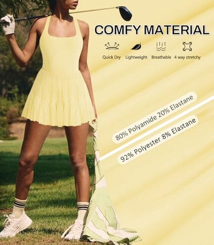 Hragc Women's Tennis Flowy Pleated Ruffle Athletic Yellow Dress for Women Halter Neck Sleeveless Small Summer Mini Golf Dress with Shorts Pocket