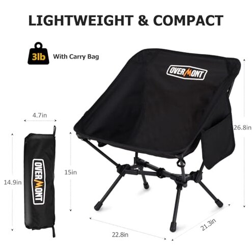Overmont Ultralight Portable Camping Chair- Lightweight Folding Backpacking Chair, Support up to 330Lbs Compact Beach Chair for Adults with Carry Bag for Backpack Hiking Fishing Outdoor Camp 2pcs