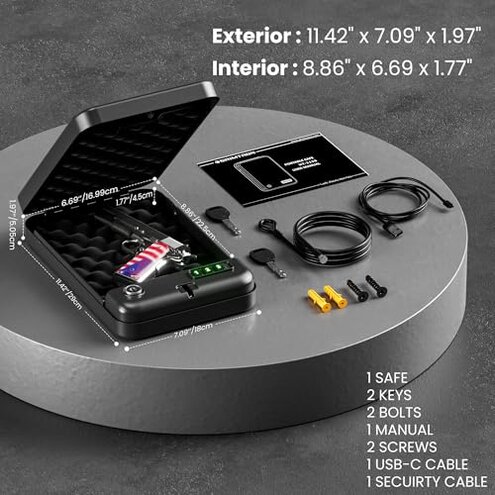 Grimtron Portable Pistol Safes &ndash; Electronic Lock Box & Key Access, Silent Mode, Compact Car Gun Safe for Handgun, Small Single Safe for Travel, Office, Dorm Use