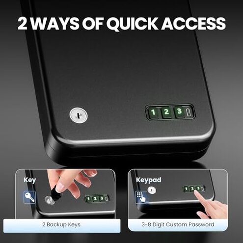 Grimtron Portable Pistol Safes &ndash; Electronic Lock Box & Key Access, Silent Mode, Compact Car Gun Safe for Handgun, Small Single Safe for Travel, Office, Dorm Use