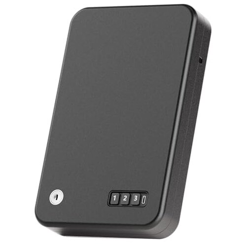 Grimtron Portable Pistol Safes &ndash; Electronic Lock Box & Key Access, Silent Mode, Compact Car Gun Safe for Handgun, Small Single Safe for Travel, Office, Dorm Use