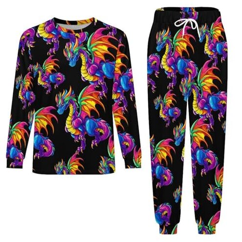 Dragon Colorful Animal Mens Pajamas Set Long Sleeve Sleepwear Pjs Set Shirts And Bottoms Sleep Sets Loungwear