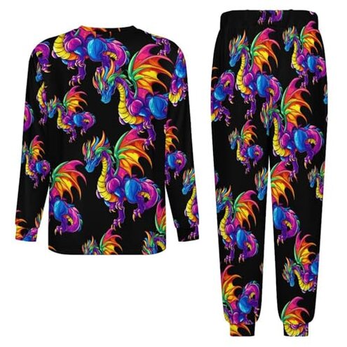 Dragon Colorful Animal Mens Pajamas Set Long Sleeve Sleepwear Pjs Set Shirts And Bottoms Sleep Sets Loungwear
