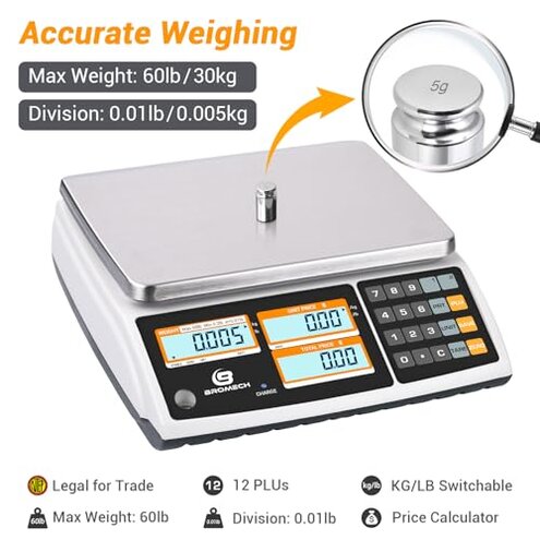 BROMECH Price Computing Scale NTEP Certified for Legal Trade Rechargeable, Commercial Grade with Dual LCD Display, 60lb Stainless Steel Platform for Meat Shop, Deli, Produce Farmers Market COC#21-001