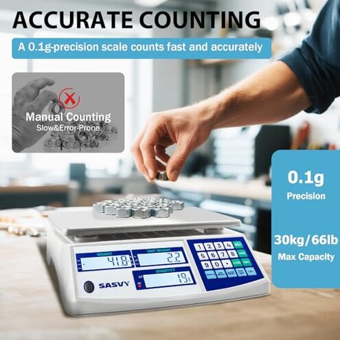 SASVY Counting Scale (66lb/30kg, 0.1g) lb/oz/kg/g Industrial Digital Inventory Scale with Battery for Small Parts, Coins, Pieces, Tickets
