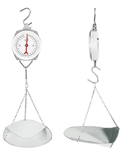QWORK 110 lbs Large Display Spring Dial Weight Scale & Scale Scoop/Chain with Hanging Cradle, Steel Construction, for Shopping, Traveling, Kitchen, Silver