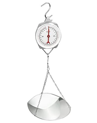 QWORK 110 lbs Large Display Spring Dial Weight Scale & Scale Scoop/Chain with Hanging Cradle, Steel Construction, for Shopping, Traveling, Kitchen, Silver