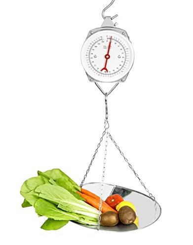 QWORK 110 lbs Large Display Spring Dial Weight Scale & Scale Scoop/Chain with Hanging Cradle, Steel Construction, for Shopping, Traveling, Kitchen, Silver