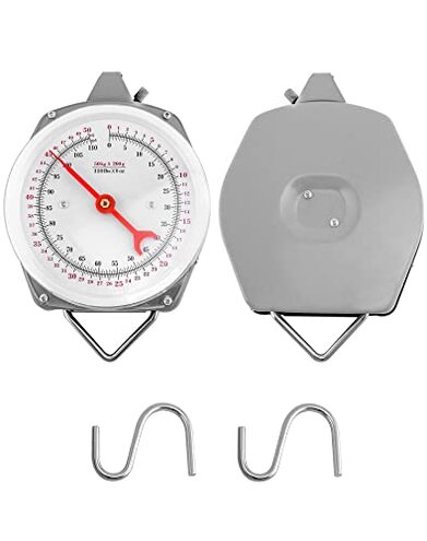 QWORK 110 lbs Large Display Spring Dial Weight Scale & Scale Scoop/Chain with Hanging Cradle, Steel Construction, for Shopping, Traveling, Kitchen, Silver