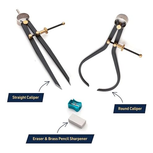 7-Piece Caliper and Woodworking Compass Set - Industrial Workshop Grade Caliper Measuring Tool and Drafting Compass - Steel Drafting Tools with Brass Fittings and Locking Nuts by Kings County Tools