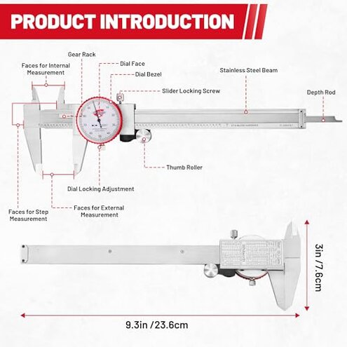 Standard Gage 0-6" Range SAE Dial Caliper Measuring Tool, Analog Precision Micrometer Caliper ±0.001" Accuracy, Manual Mechanical Metal Stainless Steel Measuring Dial with 4-Way Measurements