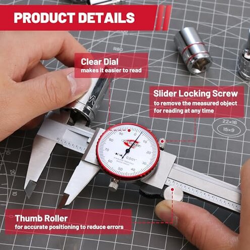 Standard Gage 0-6" Range SAE Dial Caliper Measuring Tool, Analog Precision Micrometer Caliper ±0.001" Accuracy, Manual Mechanical Metal Stainless Steel Measuring Dial with 4-Way Measurements