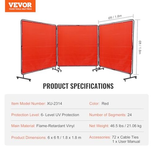 VEVOR Welding Screen with Frame, 6' x 6' 3 Panel Welding Curtain Screens, Flame-Resistant Vinyl Welding Protection Screen on 12 Swivel Wheels (6 Lockable), Moveable & Professional for Workshop, Red
