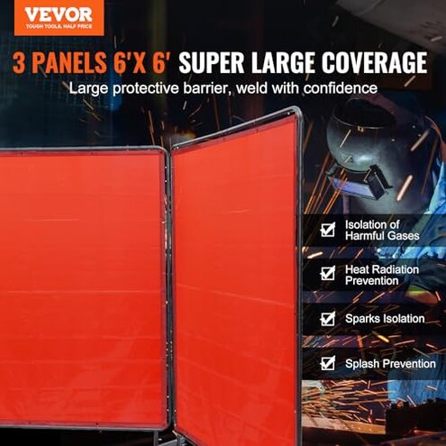 VEVOR Welding Screen with Frame, 6' x 6' 3 Panel Welding Curtain Screens, Flame-Resistant Vinyl Welding Protection Screen on 12 Swivel Wheels (6 Lockable), Moveable & Professional for Workshop, Red