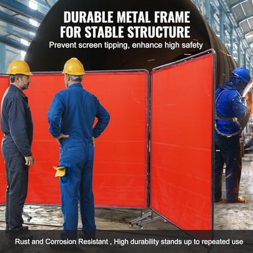 VEVOR Welding Screen with Frame, 6' x 6' 3 Panel Welding Curtain Screens, Flame-Resistant Vinyl Welding Protection Screen on 12 Swivel Wheels (6 Lockable), Moveable & Professional for Workshop, Red