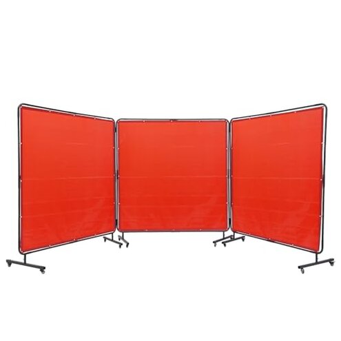 VEVOR Welding Screen with Frame, 6' x 6' 3 Panel Welding Curtain Screens, Flame-Resistant Vinyl Welding Protection Screen on 12 Swivel Wheels (6 Lockable), Moveable & Professional for Workshop, Red