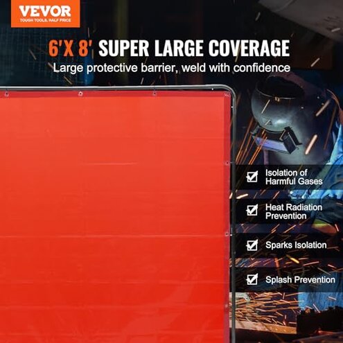 VEVOR Welding Screen with Frame, 6' x 8' Welding Curtain Screen, Flame-Resistant Vinyl Welding Protection Screen on 4 Swivel Wheels (2 Lockable), Moveable & Professional for Workshop/Industrial, Red