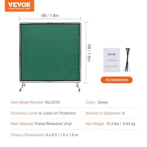 VEVOR Welding Screen with Frame, 6' x 6' Welding Curtain Screen, Flame-Resistant Vinyl Welding Protection Screen on 4 Swivel Wheels (2 Lockable), Moveable & Professional for Workshop/Industrial, Green
