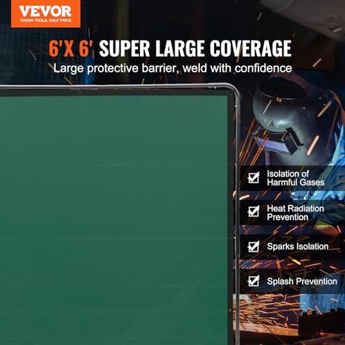 VEVOR Welding Screen with Frame, 6' x 6' Welding Curtain Screen, Flame-Resistant Vinyl Welding Protection Screen on 4 Swivel Wheels (2 Lockable), Moveable & Professional for Workshop/Industrial, Green